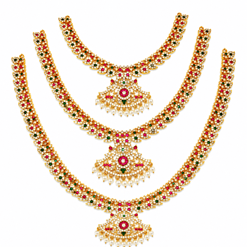 Traditional Gold Plated Mango Mala Necklace Set for Women | Ruby Green Stone Temple Jewelry with Pearl Pendant
