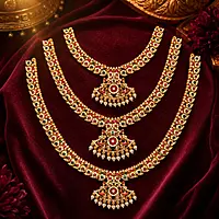 Traditional Gold Plated Mango Mala Necklace Set for Women | Ruby Green Stone Temple Jewelry with Pearl Pendant