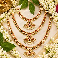 Traditional Gold Plated Mango Mala Necklace Set for Women | Ruby Green Stone Temple Jewelry with Pearl Pendant