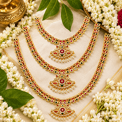 Traditional Gold Plated Mango Mala Necklace Set for Women | Ruby Green Stone Temple Jewelry with Pearl Pendant