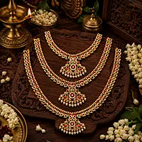 Traditional Gold Plated Mango Mala Necklace Set for Women | Ruby Green Stone Temple Jewelry with Pearl Pendant