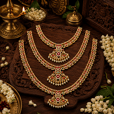 Traditional Gold Plated Mango Mala Necklace Set for Women | Ruby Green Stone Temple Jewelry with Pearl Pendant