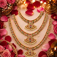 Traditional Gold Plated Mango Mala Necklace Set for Women | Ruby Green Stone Temple Jewelry with Pearl Pendant