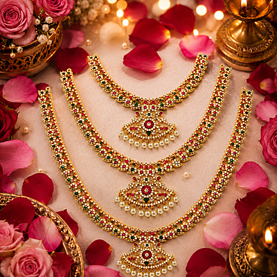 Traditional Gold Plated Mango Mala Necklace Set for Women | Ruby Green Stone Temple Jewelry with Pearl Pendant