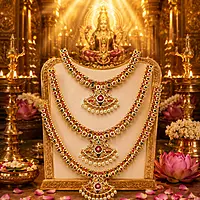 Traditional Gold Plated Mango Mala Necklace Set for Women | Ruby Green Stone Temple Jewelry with Pearl Pendant