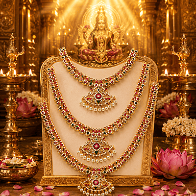 Traditional Gold Plated Mango Mala Necklace Set for Women | Ruby Green Stone Temple Jewelry with Pearl Pendant
