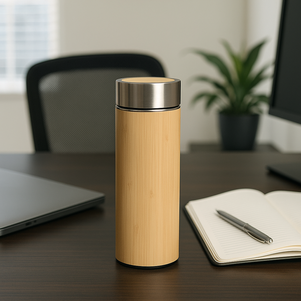Eco- Bamboo Water Bottle, Stainless Steel Flask Water Bottle/Thermos with Tea Strainer | Double Wall Vacuum Insulated | Hot & Cold