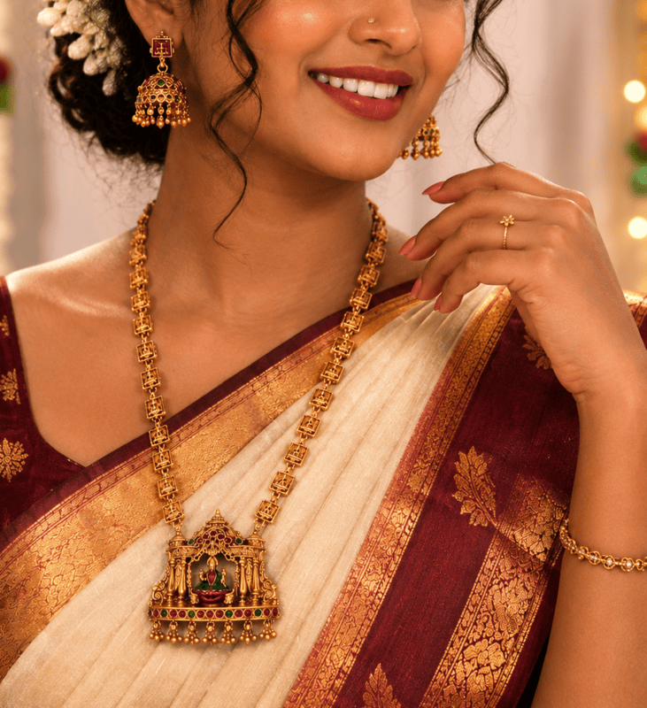 Traditional Gold Plated Temple Haram set with Jhumka Earrings.