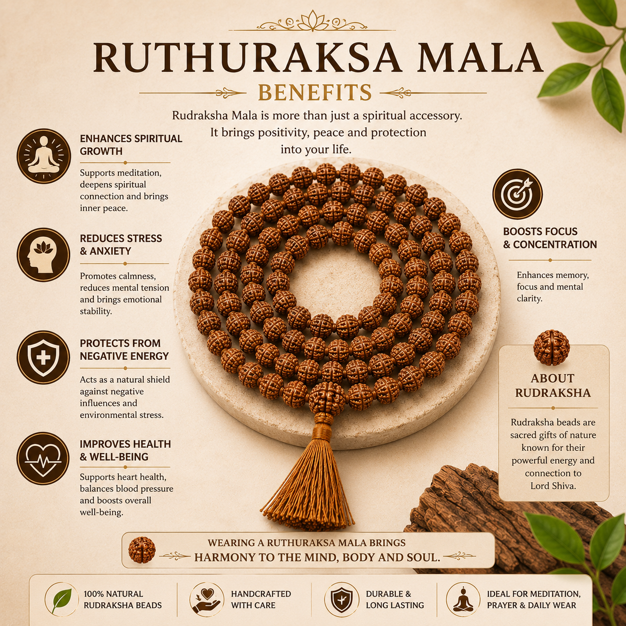 Original 108 Beads Rudraksha Mala – Natural Sacred Prayer Beads for Meditation, Yoga & Spiritual Healing