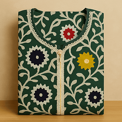 Bottle Green Batik Cotton Nighty With All Over From Libas Loungewear - AL1096