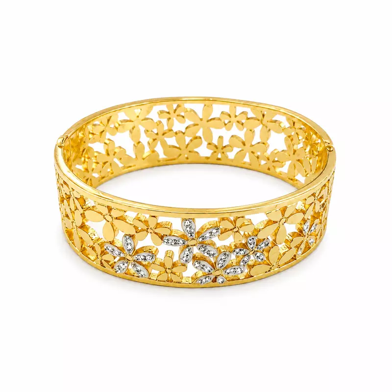 Premium Gold Plated Floral Cutwork Kada Bracelet for Women | Designer Crystal Flower Bangle