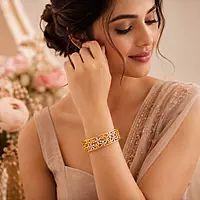 Premium Gold Plated Floral Cutwork Kada Bracelet for Women | Designer Crystal Flower Bangle