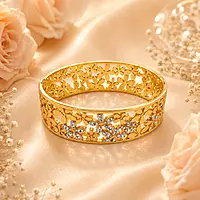 Premium Gold Plated Floral Cutwork Kada Bracelet for Women | Designer Crystal Flower Bangle