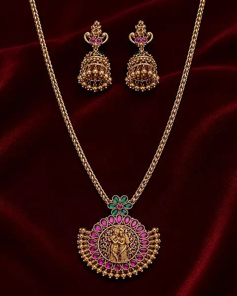 Gold Plated Lakshmi Pendant Long Chain Set with Jhumka