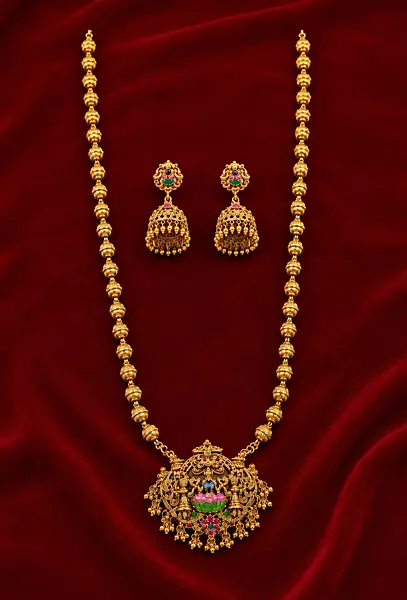 Traditional Gold Plated Haram Necklace Set with Jhumka Earrings
