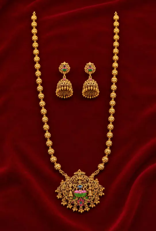 Traditional Gold Plated Haram Necklace Set with Jhumka Earrings
