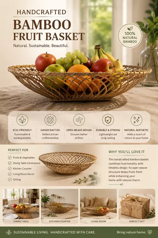 Handwoven Oval Bamboo Fruit Tray/Basket,Eco-Fridendly Kitchen &Table Decor