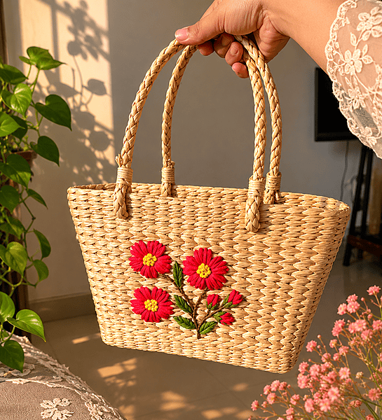 Grass Handwoven Floral Handembroidery Ecofriendly Tote Bag for everyday use/beach bag/tiffinbag/