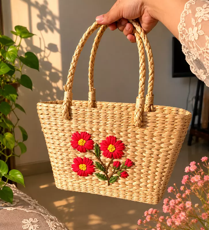 Grass Handwoven Floral Handembroidery Ecofriendly Tote Bag for everyday use/beach bag/tiffinbag/