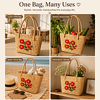 Grass Handwoven Floral Handembroidery Ecofriendly Tote Bag for everyday use/beach bag/tiffinbag/