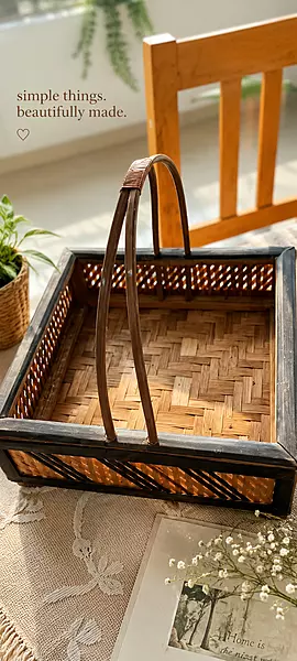 Multipurpose Handwoven Bamboo Tray Basket with Handles