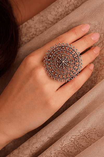 Mandala-Inspired Oxidized Silver Oversized Statement Ring Mandala-Inspired Oxidized Silver Oversized Statement Ring