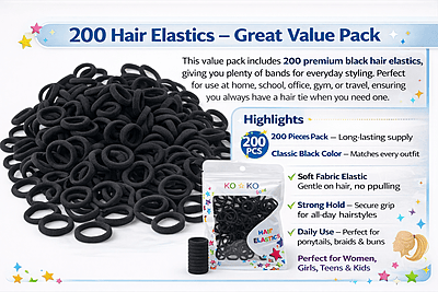 200 PCS Black Hair Ties - Seamless Elastic Hair Bands for Thick Hair