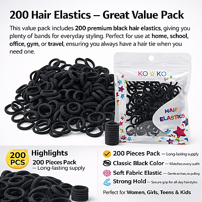 200 PCS Black Hair Ties - Seamless Elastic Hair Bands for Thick Hair