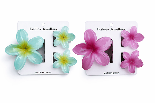 Flower Hair Clip Set (2 Pairs) | Plumeria Design Claw Clips for Women & Girls