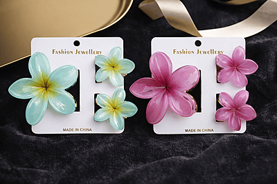 Flower Hair Clip Set (2 Pairs) | Plumeria Design Claw Clips for Women & Girls