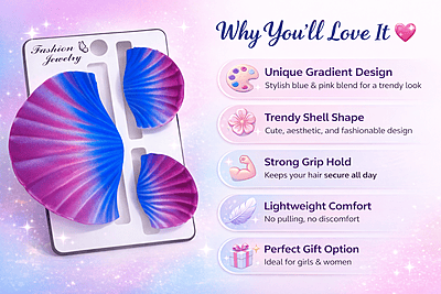 Shell Hair Clips Set for Women & Girls | Blue Pink Mermaid Style | Stylish Side Clips (Pack of 3)