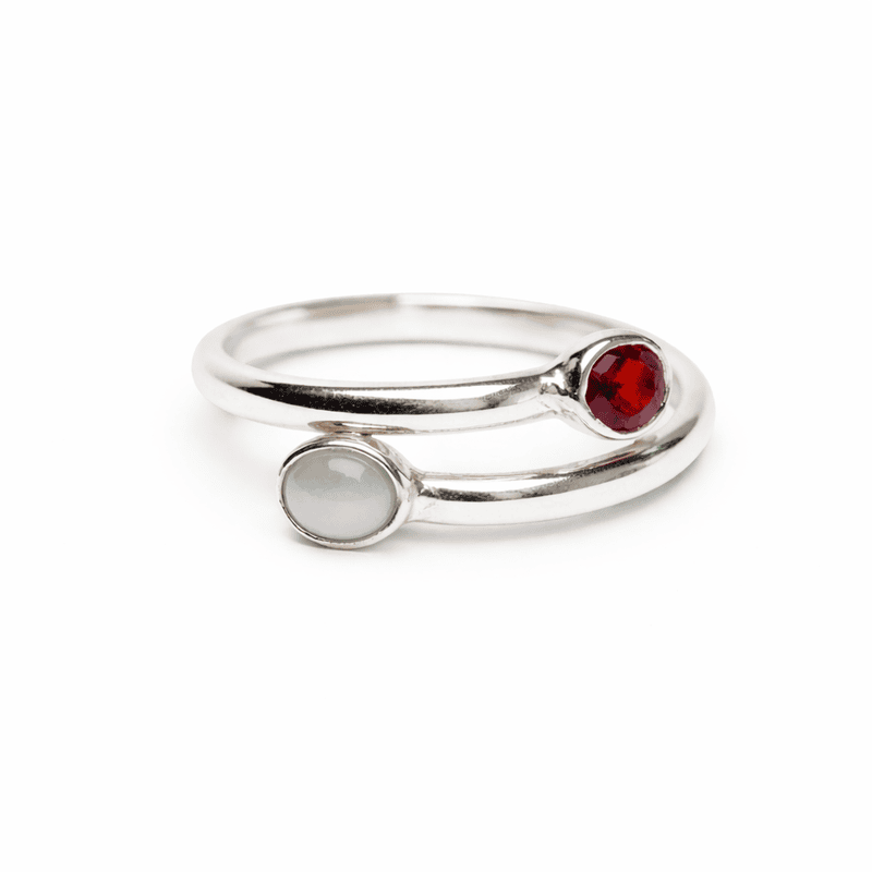 Sterling Silver Open Ring with Hessonite (Gomed) & Cat’s Eye Gemstones – Adjustable Astrology Ring