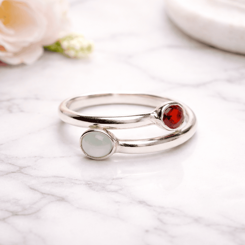Sterling Silver Open Ring with Hessonite (Gomed) & Cat’s Eye Gemstones – Adjustable Astrology Ring