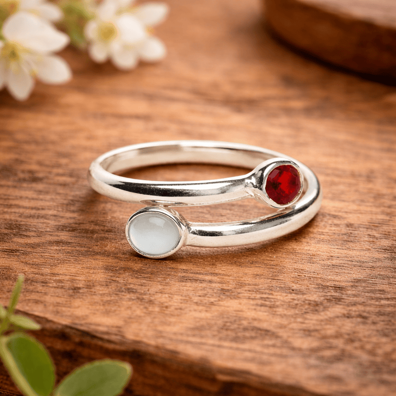 Sterling Silver Open Ring with Hessonite (Gomed) & Cat’s Eye Gemstones – Adjustable Astrology Ring