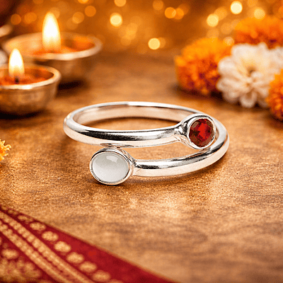 Sterling Silver Open Ring with Hessonite (Gomed) & Cat’s Eye Gemstones – Adjustable Astrology Ring