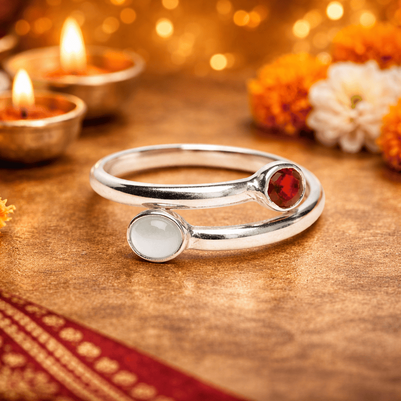 Sterling Silver Open Ring with Hessonite (Gomed) & Cat’s Eye Gemstones – Adjustable Astrology Ring