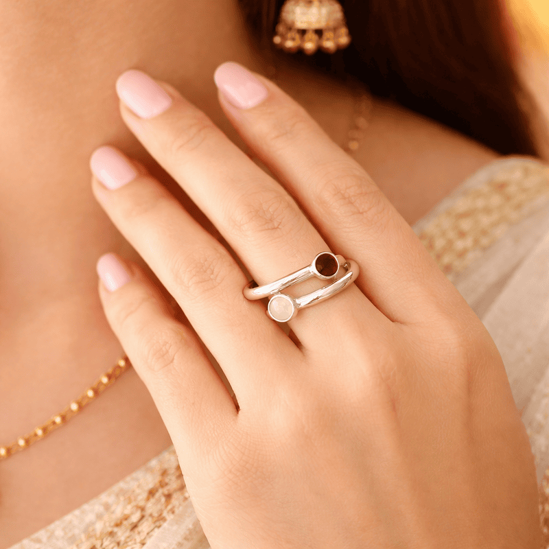 Sterling Silver Open Ring with Hessonite (Gomed) & Cat’s Eye Gemstones – Adjustable Astrology Ring