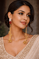 Red Stone Long Drop Brass Earrings with Crystal and Ghungroo Chains |  Kashmiri Earrings