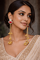 Red Heart Long Drop Brass Earrings with Crystal and Ghungroo Chains | Kashmiri Earrings