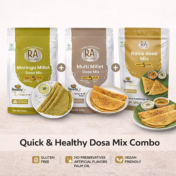 Ra Desi Flavors 3 Dosa Combo – Millet Dosa Mix, Moringa Dosa Mix, Rava Dosa Mix | South Indian Breakfast Ready Mix with Foxtail Millet, Moringa, Semolina, Rice, Urad Dal, Spices