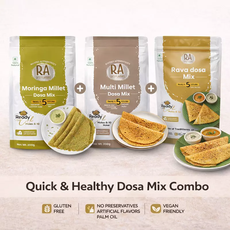 Ra Desi Flavors 3 Dosa Combo – Millet Dosa Mix, Moringa Dosa Mix, Rava Dosa Mix | South Indian Breakfast Ready Mix with Foxtail Millet, Moringa, Semolina, Rice, Urad Dal, Spices