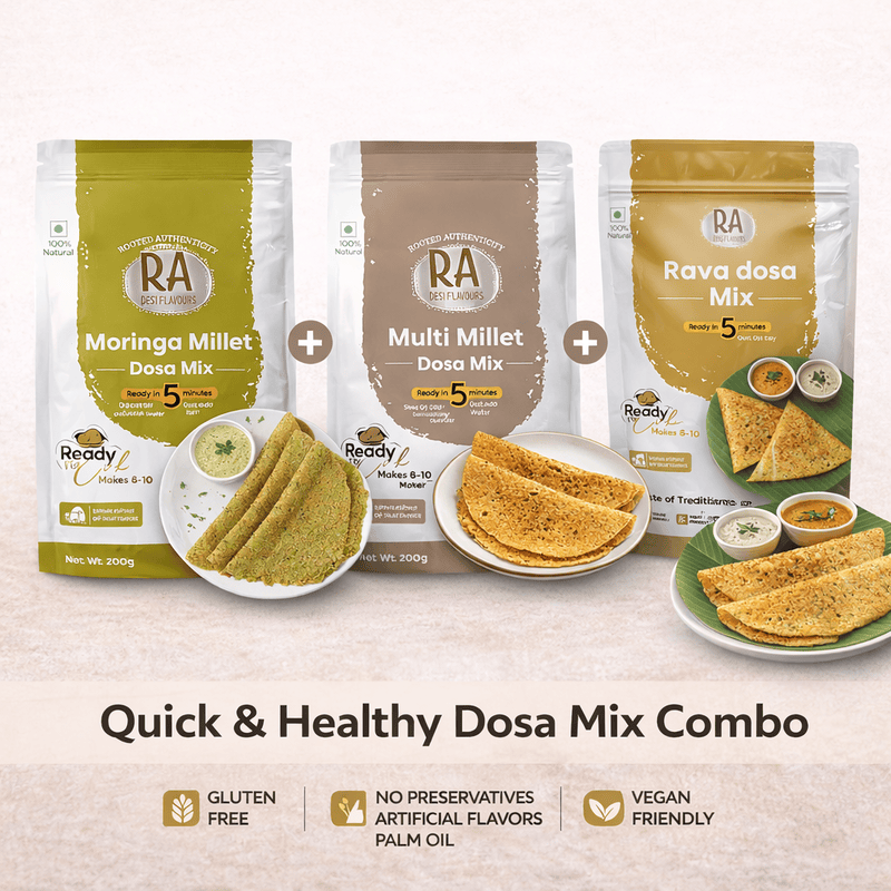 Ra Desi Flavors 3 Dosa Combo – Millet Dosa Mix, Moringa Dosa Mix, Rava Dosa Mix | South Indian Breakfast Ready Mix with Foxtail Millet, Moringa, Semolina, Rice, Urad Dal, Spices