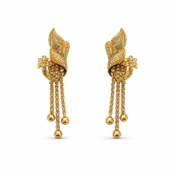 Traditional Gold Plated Leaf Dangle Earrings for Women | Designer Chain Drop Earrings