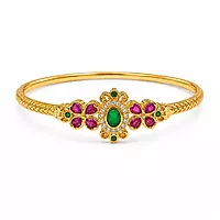 Traditional Gold Plated Floral Kada Bracelet for Women | Ruby Green Stone Designer Bangle