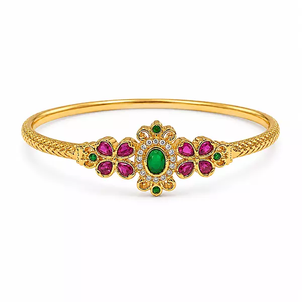 Traditional Gold Plated Floral Kada Bracelet for Women | Ruby Green Stone Designer Bangle