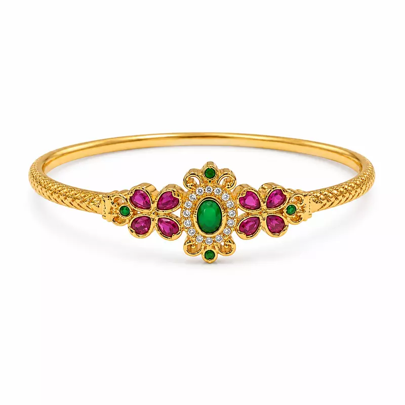 Traditional Gold Plated Floral Kada Bracelet for Women | Ruby Green Stone Designer Bangle