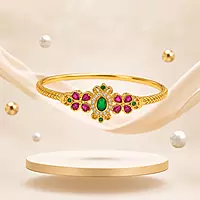 Traditional Gold Plated Floral Kada Bracelet for Women | Ruby Green Stone Designer Bangle