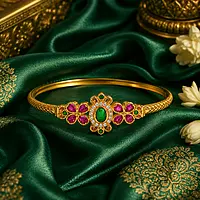 Traditional Gold Plated Floral Kada Bracelet for Women | Ruby Green Stone Designer Bangle