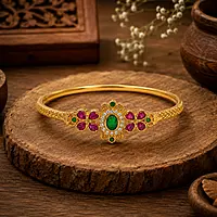 Traditional Gold Plated Floral Kada Bracelet for Women | Ruby Green Stone Designer Bangle