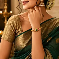 Traditional Gold Plated Floral Kada Bracelet for Women | Ruby Green Stone Designer Bangle